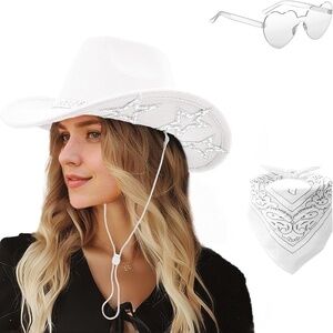 NWOT Cowboy Hat with 6 Sequins Stars & Tiara Belt With Sunglasses Bandanas